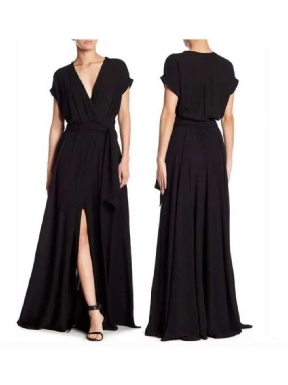 NWT Meghan Women's Black Jazmin Wrap Cap Sleeves Maxi Dress Sz XL 2335 - Picture 2 of 16